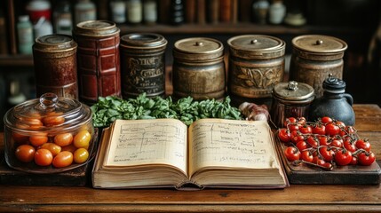 Wall Mural - A rustic kitchen scene with ingredients and an open recipe book.