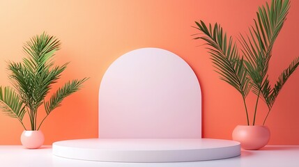 Poster - Minimalist Product Display with Palm Plants and Coral Background.