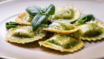 Wall Mural - A plate of ravioli pasta stuffed with ricotta and spinach, garnished with fresh basil leaves, drizzled with olive oil, dramatic lighting, textured surface, food photography
