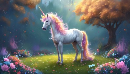 Wall Mural - Magical Unicorn in Enchanted Lawn - A Dreamy Fantasy Illustration for Fairytale-Inspired Home Decor