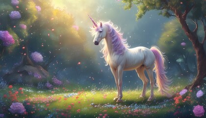 Wall Mural - Magical Unicorn in Enchanted Lawn - A Dreamy Fantasy Illustration for Fairytale-Inspired Home Decor