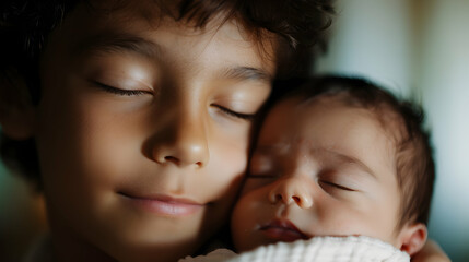 Poster - Young Boy Holding Crying Newborn Baby His Arms