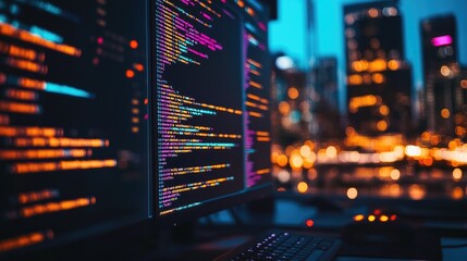 A close-up shot of a computer screen displaying code, with a blurred city skyline in the background.