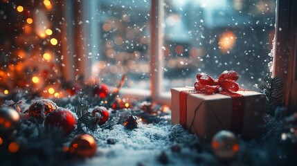 Poster - Mockup of a plain gift box on a snow-covered windowsill, with twinkling Christmas lights and festive decor creating a cozy holiday scene. 4K hyperrealistic photo.