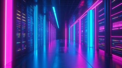 Canvas Print - Abstract data center room with bright neon blue and pink light glowing server blocks