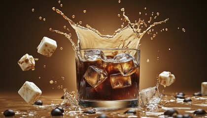 Wall Mural - Iced Coffee Splash with Ice Cubes and Coffee Beans