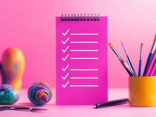 Sticker - Pink Check List with Paintbrushes.