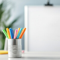 Canvas Print - Colorful Markers in a Metal Can on a White Table.