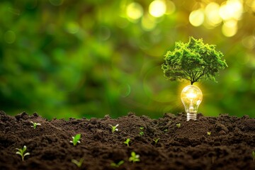 Light Bulb Containing Green Tree and Energy Icons on Soil Context.