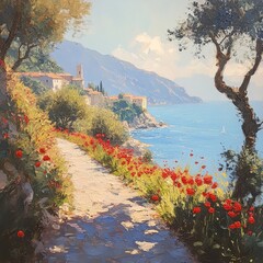 Wall Mural - Coastal Path Flowers and Sea Landscape