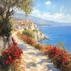 Wall Mural - Coastal Pathway Village Red Flowers Ocean View