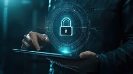 Wall Mural - Close-up of a businessperson holding a tablet with a futuristic padlock symbol on a dark background emphasizing cyber protection