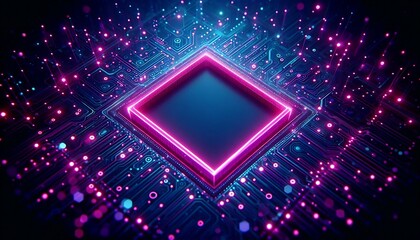 A computer chip with a pink square in the middle. The chip is surrounded by a blue background