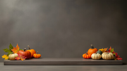 Wall Mural - Autumn wooden podium product presentation with pumpkins, gourds and fallen leaves