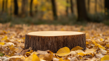 Wall Mural - Autumn tree stump podium product presentation with golden leaves in forest