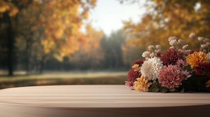 Wall Mural - Autumn podium product presentation with  flowers, chrysanthemums, asters in forest