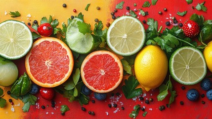 Wall Mural - Vibrant display of fresh fruits and herbs on a colorful background.