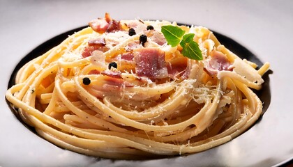 A plate of spaghetti carbonara, creamy pasta with bacon bits, parsley garnish, on a rustic wooden surface, close-up view of Italian cuisine, soft natural lighting
