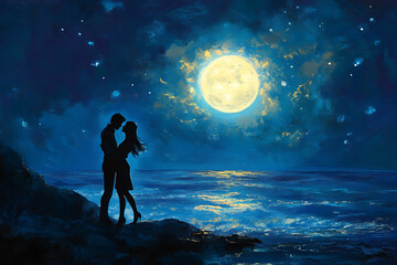 Wall Mural - Silhouette of a couple embracing under a bright moon by the ocean.