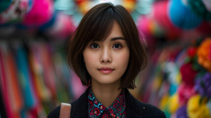 Canvas Print - Young Chinese Model Colorful Street Market