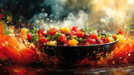 A vibrant bowl of salad splashes amidst fiery colors.