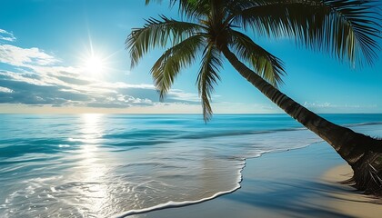 On the beautiful beach, a palm tree swayed in the sun, and the blue sea water intertwined with the sky, forming a tranquil ocean picture.