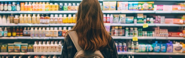 A woman stands in front of a store filled with numerous bottles, possibly shopping for condiments or goods without labels