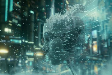 A digital human face with fragmented features emerges in a glowing, futuristic cityscape. The image represents artificial intelligence, technological advancement, and cyber integration