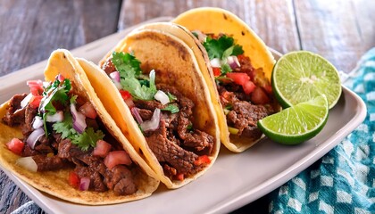 Three tacos filled with savory meat and vegetables, topped with fresh cilantro and lime wedges, served on a rustic wooden surface, traditional Mexican cuisine, colorful and appetizing display
