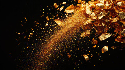 Dynamic explosion of gold flakes and particles in mid-air, capturing the shimmer and texture of precious materials against a black background. Ideal for luxury and cosmetic themes.