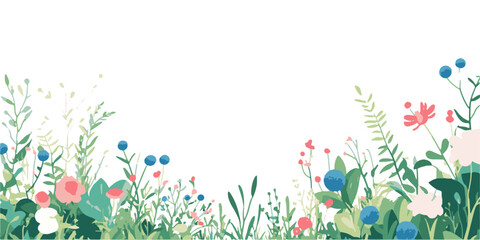 Wall Mural - Vector illustration of a meadow with blue, pink, and white flowers and green leaves on the bottom edge.