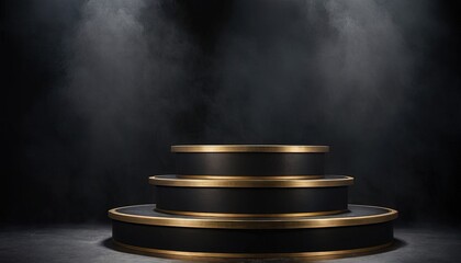 Wall Mural - Simple blank luxury black gradient background with product display platform. Empty studio with circle podium pedestal on a black backdrop with volumetric light1