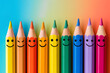 © Noufaldi - Colorful pencils with smiley faces arranged in a row against a gradient background.