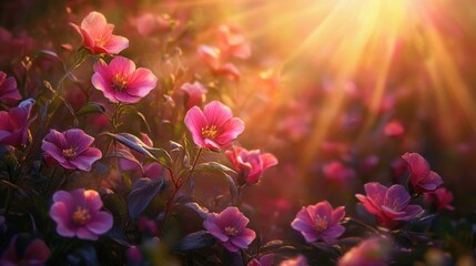 Wall Mural - A field of pink flowers basking in the warm glow of the setting sun, with sun rays radiating through the blossoms.