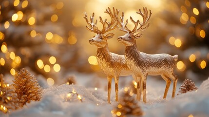 Sticker - Golden reindeer figurines with intricate details, standing proudly in a snowy scene lit by soft golden lights. 4K hyperrealistic photo.