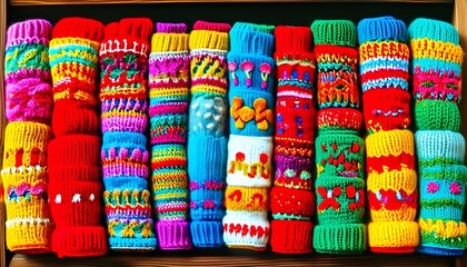 Wall Mural - Vibrant assortment of knitted socks showcasing diverse patterns and rich colors