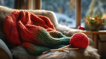 Sticker - Knitting a cozy Christmas scarf using red and green yarn, with needles and a half-finished project on a comfy chair. 4K hyperrealistic photo.