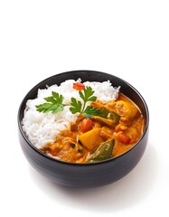 Wall Mural - A bowl of white rice served with vegetable curry, including zucchini, potatoes, and carrots, topped with a parsley garnish, representing a comforting, nutritious meal.	