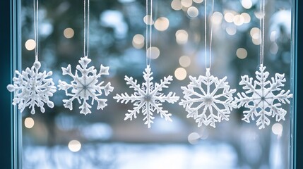 Poster - Snowflake decorations hanging in a window, with a gradient from frosty white to pale blue, reflecting the winter light. 4K hyperrealistic photo.