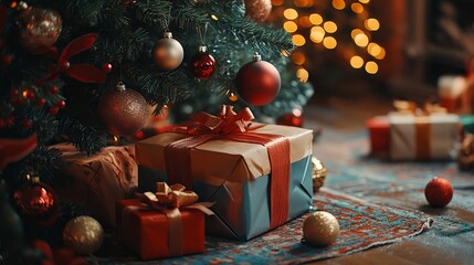 Sticker - Wrapping presents under a decorated Christmas tree, with colorful paper, bows, and festive ornaments scattered around. 4K hyperrealistic photo.