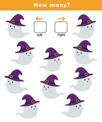 Wall Mural - Left and right position worksheet with cute little ghost illustration. Educational worksheet for preschool kids. Educational game to learn left and right.