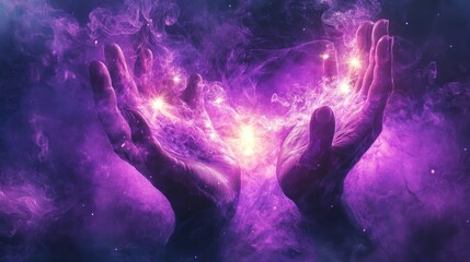 Two hands cupped together, holding a swirling cloud of purple smoke with glowing stars.