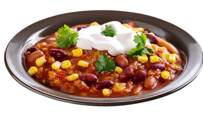 Wall Mural - A bowl of chili with kidney beans, corn, and topped with sour cream and parsley, placed on a bamboo mat, representing a hearty