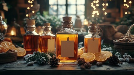 Preparing homemade liqueurs as Christmas gifts, with bottles, labels, and ingredients carefully arranged. 4K hyperrealistic photo.