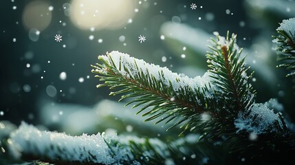 Sticker - Close-up of snow resting on evergreen needles, with the snowflakes delicately balancing on the fine, green needles. 4K hyperrealistic photo.