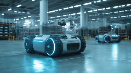 Two robots are in a warehouse, one of which is blue and the other is white