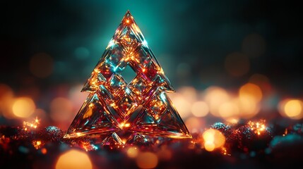 Canvas Print - Abstract Christmas tree made from overlapping triangles of light, creating a modern, geometric holiday display. 4K hyperrealistic photo.