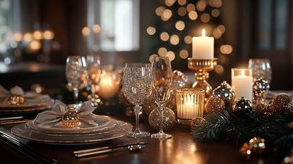 Poster - Festive New Yearâ€™s Eve table with a glittering centerpiece, candles, and party favors, ready for a night of celebration. 4K hyperrealistic photo.