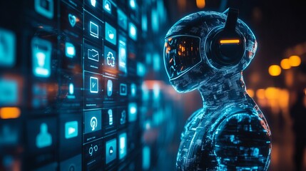 Virtual assistant hologram and social media icons
