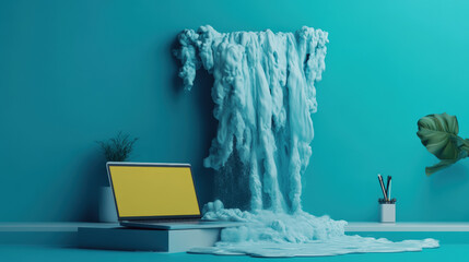 A laptop is on a table next to a wall with a waterfall of white foam coming out